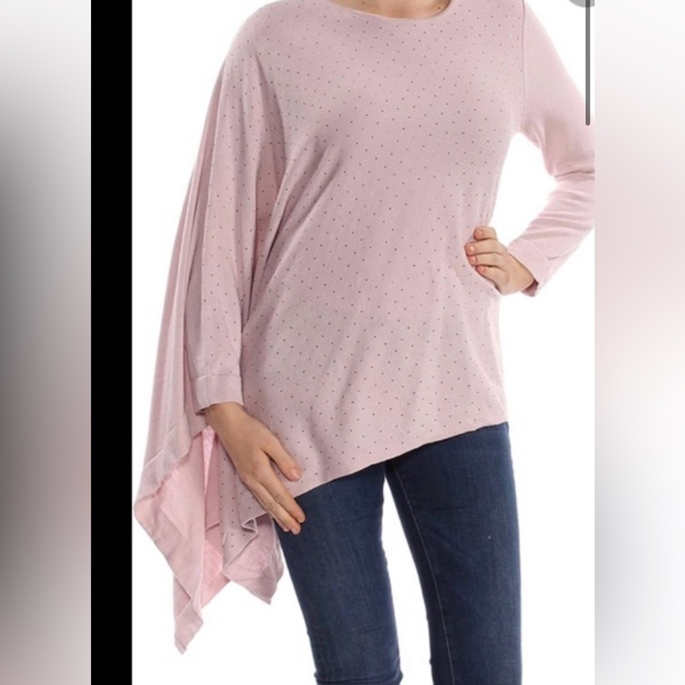 Anne Klein pink asymmetrical rhinestone embellished one sleeve poncho sweater L
